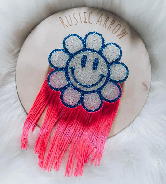 Blue Smiley flower w pink fringe freshie