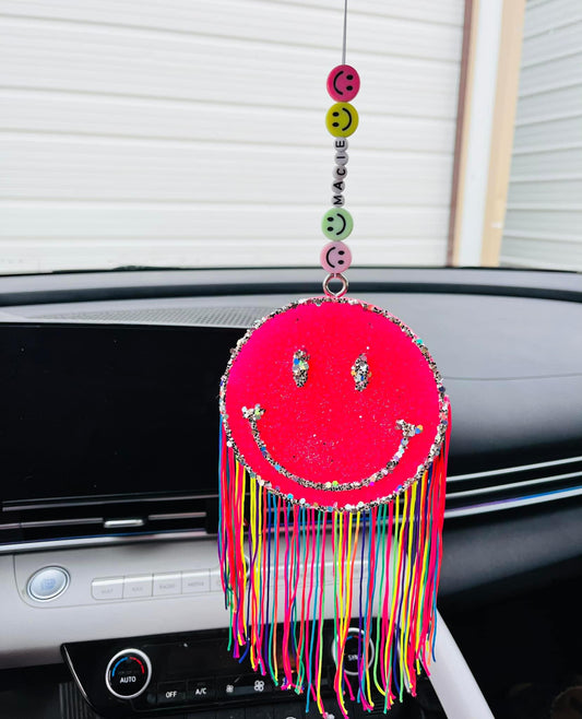 Smiley freshie with custom name charm & rainbow fringe